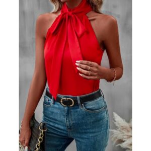 Red Solid Tie Neck Sleeveless Top 1